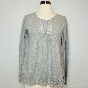 VTG Baby Doll Sweater Women's M Heather Gray Tight Knit Crochet Trim Top Y2K NWT